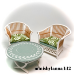1:12 Dollhouse cane rattan white armchairs and mirrored table set tropical green