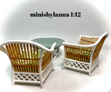 1:12 Dollhouse cane rattan white armchairs and mirrored table set tropical green