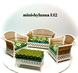 1:12 Dollhouse white cane rattan living room set sofa armchairs tropical green