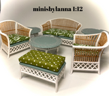 1:12 Dollhouse miniature white cane rattan armchair and stool tropical green