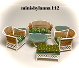 1:12 Dollhouse white cane rattan living room set sofa armchairs tropical green