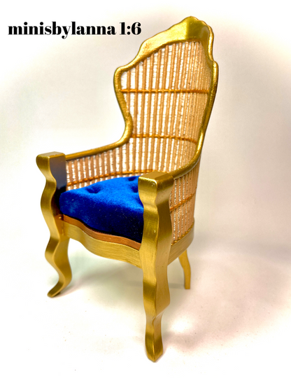 1:6 Dollhouse miniature Victorian rattan velvet Royal blue chair