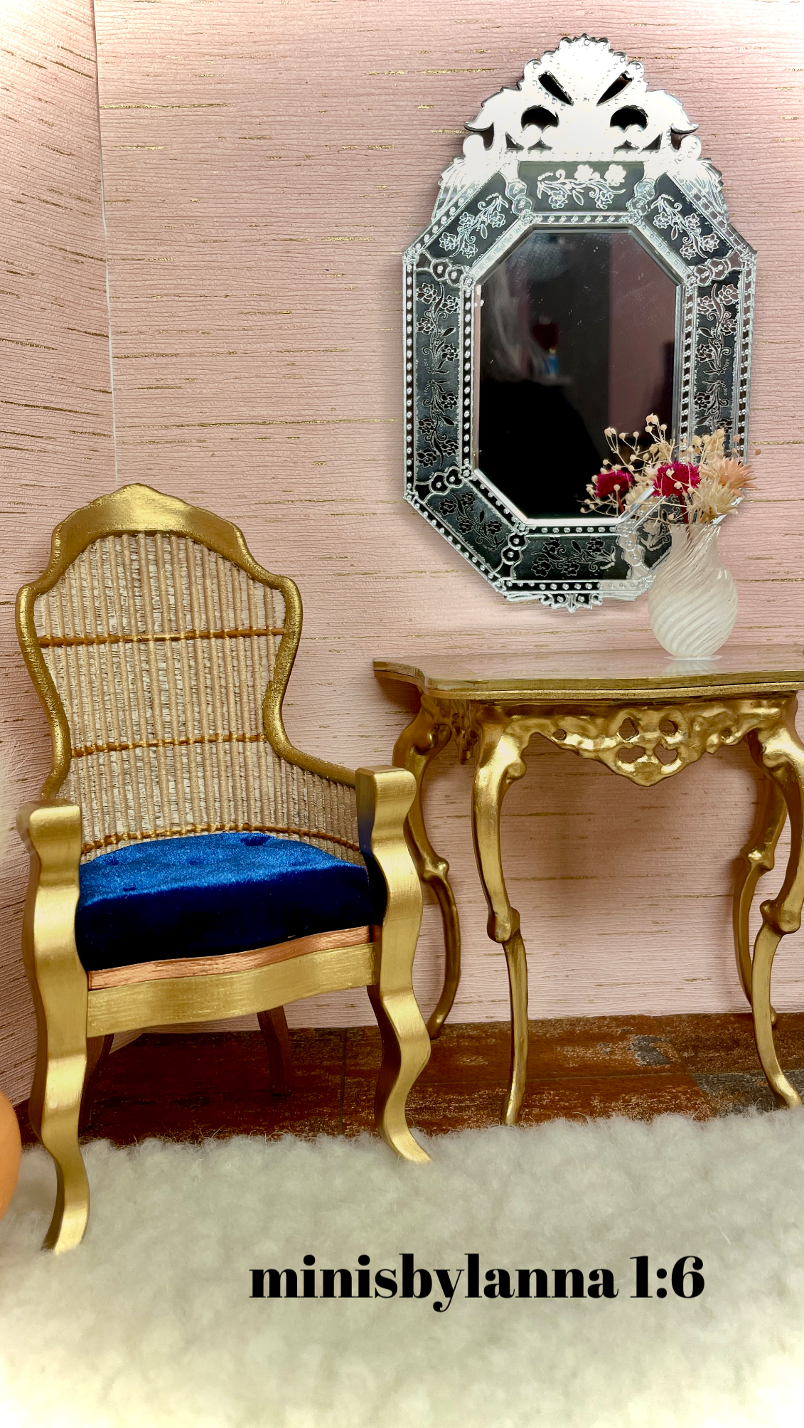 1:6 Dollhouse miniature Victorian rattan velvet Royal blue chair