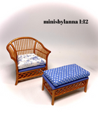 1:12 Dollhouse miniature cane rattan armchair and stool autumn blue
