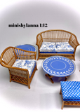 1:12 Dollhouse cane rattan living room set sofa armchair autumn blue
