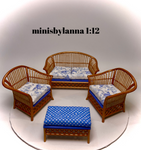 1:12 Dollhouse cane rattan living room set sofa armchair autumn blue