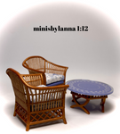 1:12 Dollhouse cane rattan armchairs and mirrored table set autumn blue