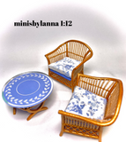 1:12 Dollhouse cane rattan armchairs and mirrored table set autumn blue