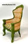 1:12 Dollhouse miniature Victorian rattan dark green chair and tapestry fabric green cushion