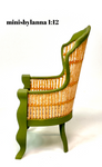 1:12 Dollhouse miniature Victorian rattan dark green chair and tapestry fabric green cushion