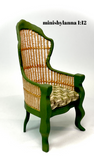 1:12 Dollhouse miniature Victorian rattan dark green chair and tapestry fabric green cushion