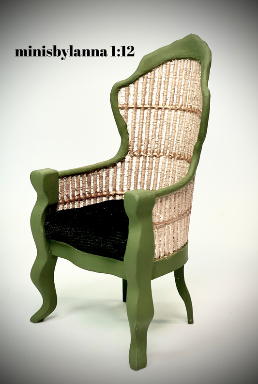 1:12 Dollhouse miniature Victorian rattan dark green chair and black velvet cushion