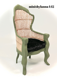 1:12 Dollhouse miniature Victorian rattan dark green chair and black velvet cushion