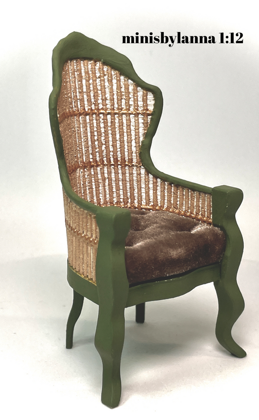1:12 Dollhouse miniature Victorian rattan dark green chair and brown velvet cushion