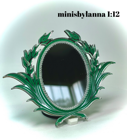 1:12 Dollhouse miniature swan engraved green wall mirror