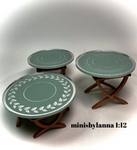 1:12 Dollhouse cane rattan side table set (3) tropical green etched mirror round tops