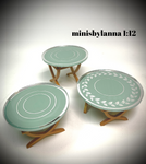 1:12 Dollhouse cane rattan side table set (3) tropical green etched mirror round tops