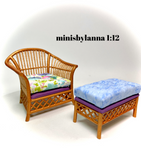 1:12 Dollhouse miniature cane rattan armchair and stool spring 23