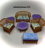1:12 Dollhouse cane rattan living room set sofa armchairs stool spring 23
