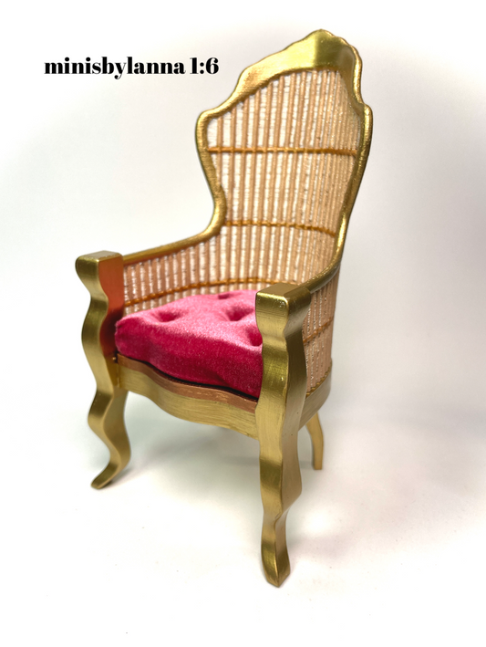 1:6 Dollhouse miniature Victorian rattan velvet pink chair