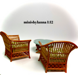 1:12 Dollhouse cane rattan armchairs and mirrored table set tropical green