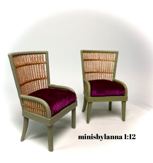 1:12 Dollhouse miniature pair of armchairs Art Deco rattan large light green pink cushion