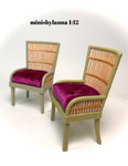 1:12 Dollhouse miniature pair of armchairs Art Deco rattan large light green pink cushion