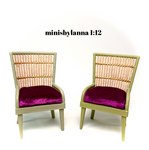 1:12 Dollhouse miniature pair of armchairs Art Deco rattan large light green pink cushion