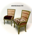 1:12 Dollhouse miniature pair of armchairs Art Deco rattan large light green brown cushion