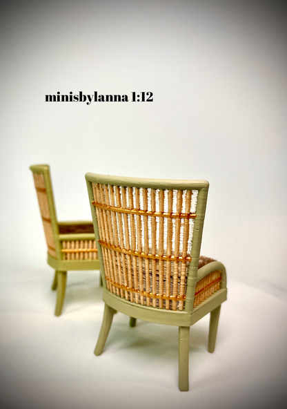 1:12 Dollhouse miniature pair of armchairs Art Deco rattan large light green brown cushion