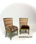 1:12 Dollhouse miniature pair of armchairs Art Deco rattan large light green brown cushion