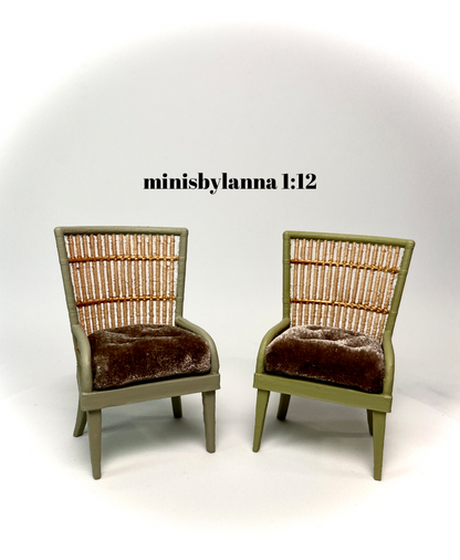 1:12 Dollhouse miniature pair of armchairs Art Deco rattan large light green brown cushion