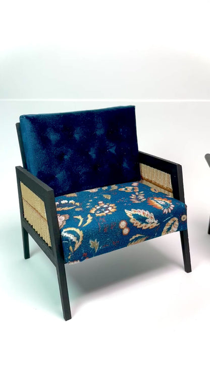 1:6 Dollhouse miniature wooden Art Deco rattan armchair and stool orange and velvet deep blue