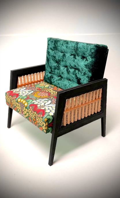 1:6 Dollhouse miniature wooden Art Deco rattan armchair and stool velvet spring green