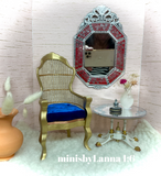 1:6 Dollhouse miniature Victorian rattan velvet Royal blue chair