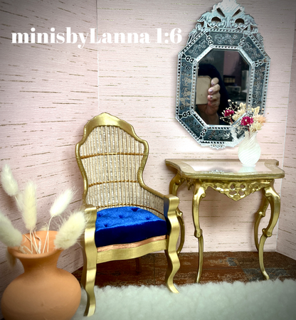 1:6 Dollhouse miniature Victorian rattan velvet Royal blue chair