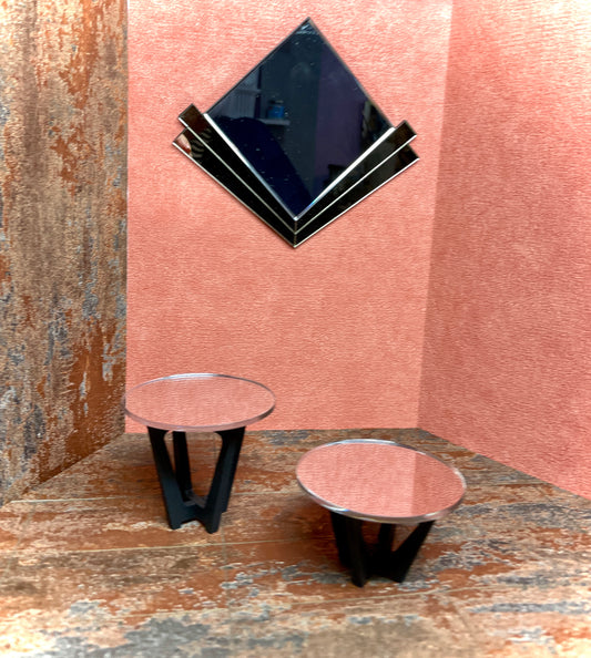 1:6 Dollhouse miniature mid Century wooden Art Deco black side table set (2) top mirrored
