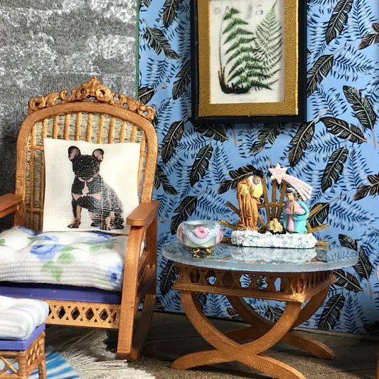 1:12 Dollhouse cane rattan rocking chair and foot-stool blue roses