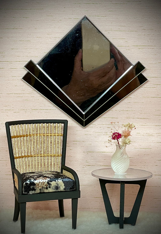 1:6 Dollhouse miniature rattan armchair Art Deco pearl flowers on black velvet