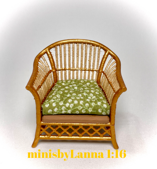 1:16 Dollhouse cane rattan armchair olive green - Lundby scale