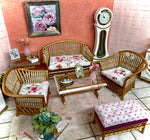 1:12 Dollhouse cane rattan living room set sofa armchairs stool Spring Pink