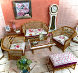 1:12 Dollhouse cane rattan living room set sofa armchairs stool Spring Pink