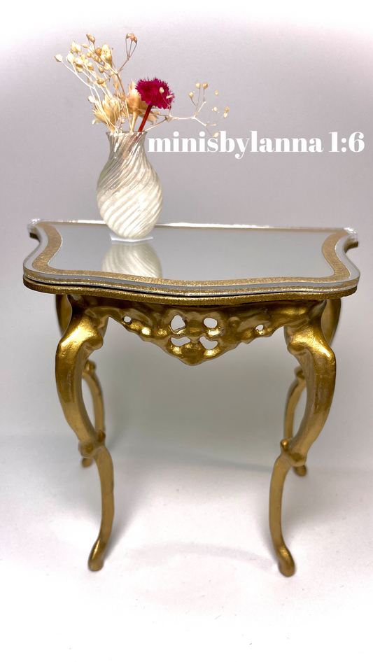 1:6 Dollhouse miniature Victorian gold console table decorated golden top mirror