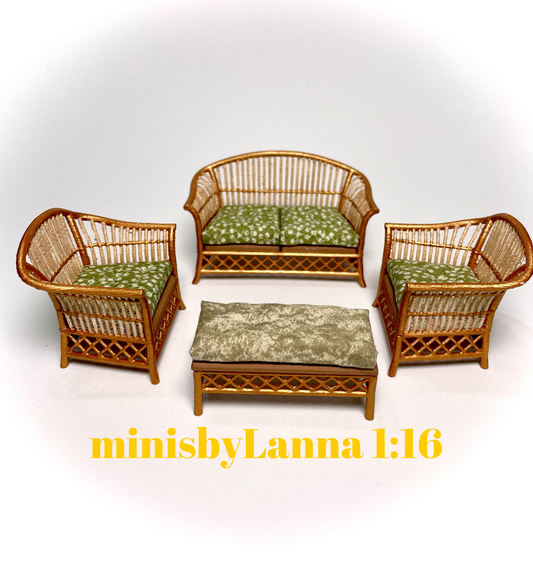1:16 Dollhouse cane rattan living room set sofa armchairs olive green - Lundby scale