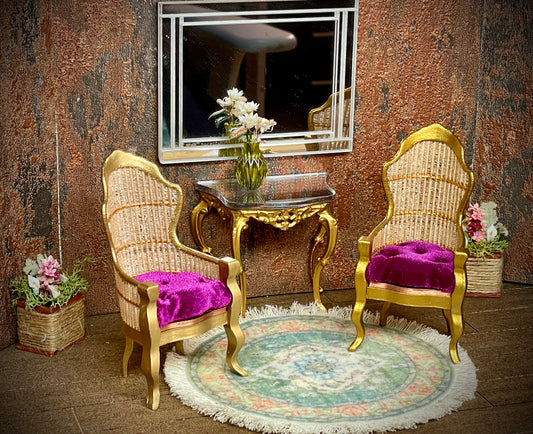 1:12 Dollhouse miniature Victorian rattan pair golden chairs