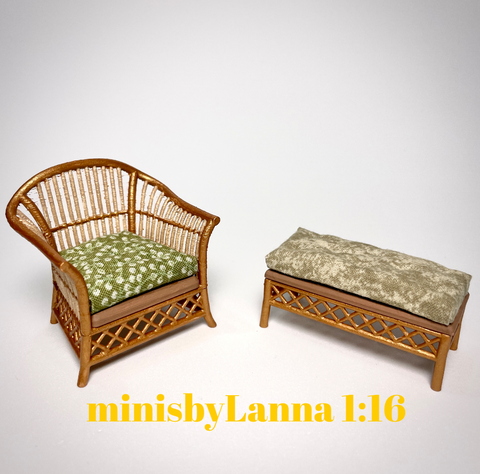 1:16 Dollhouse cane rattan armchair and stool olive green - Lundby scale