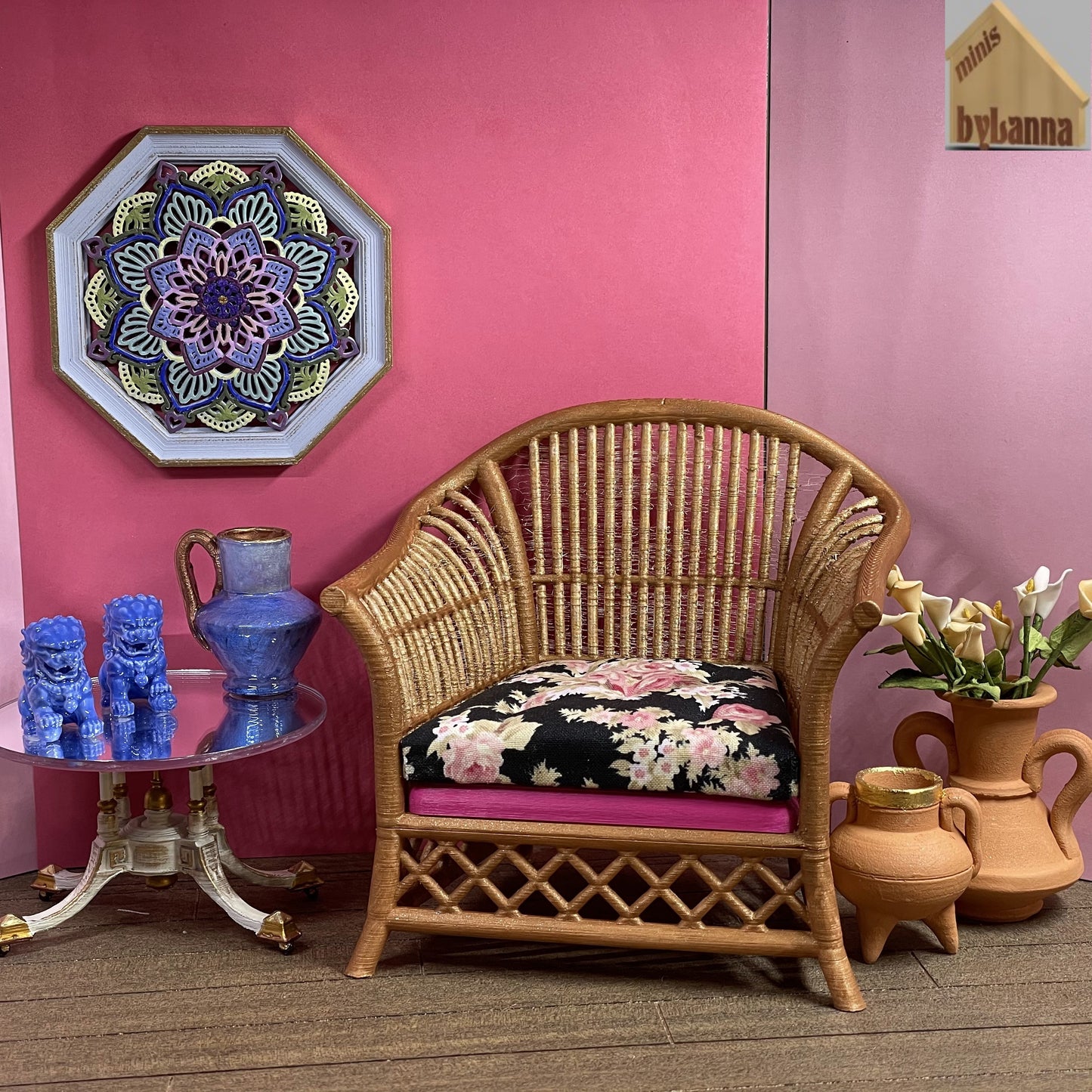 1:6 Dollhouse miniature cane rattan armchair light Pink & Floral Black