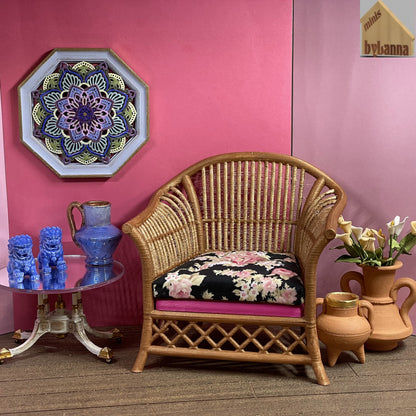 1:6 Dollhouse miniature cane rattan armchair light Pink & Floral Black