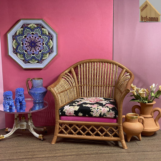 1:6 Dollhouse miniature cane rattan armchair light Pink & Floral Black