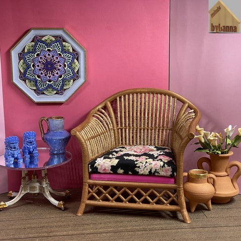 1:6 Dollhouse miniature cane rattan armchair light Pink & Floral Black